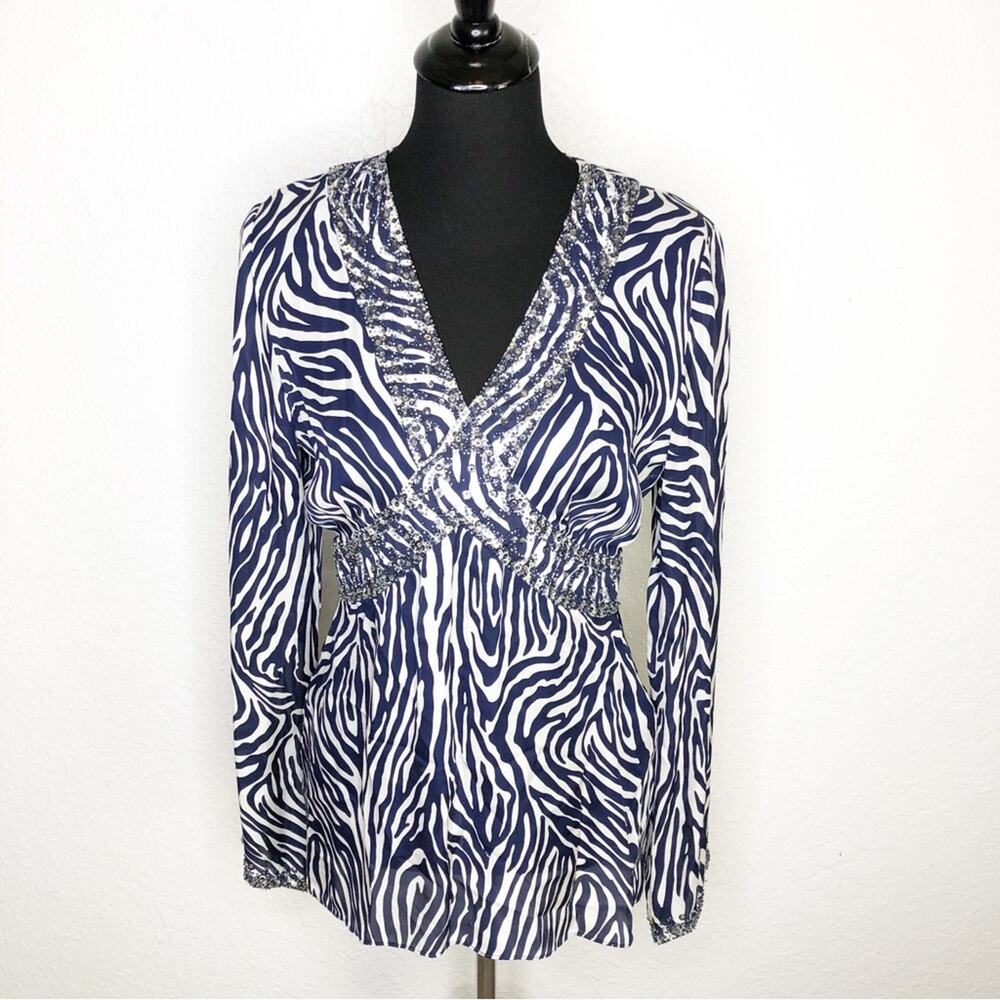 Victor Costa navy white zebra stripe beaded v neck silk‎ top size 10